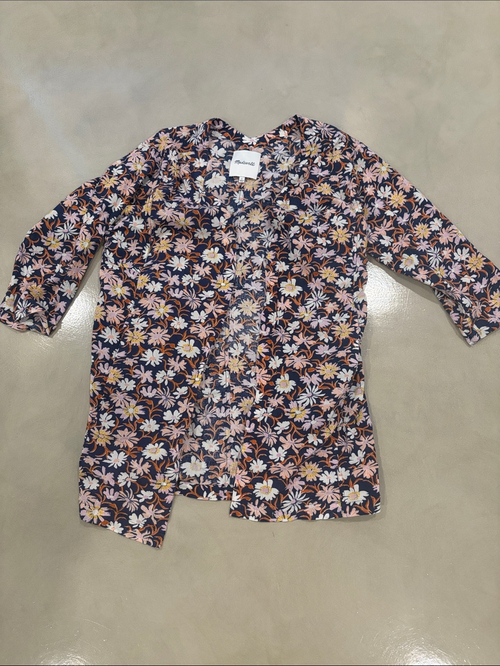 Madewell Navy Floral Button-Up Top with Pink and White Blooms